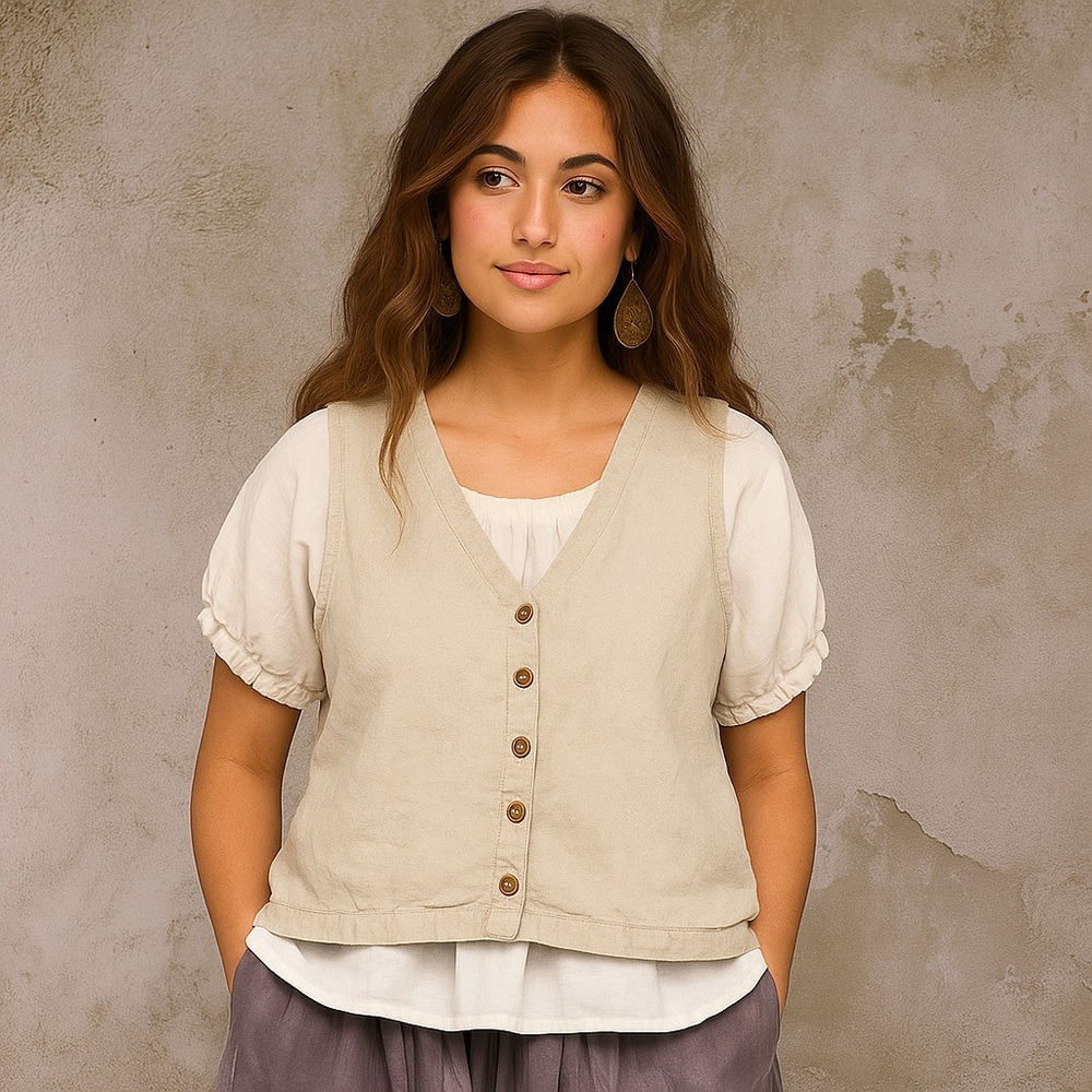 Earth Creations Hemp Blend Button Front Vest Top Women Sz M Natural  Beige Boho